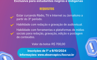 ObservaPICS seleciona bolsista negro ou indígena